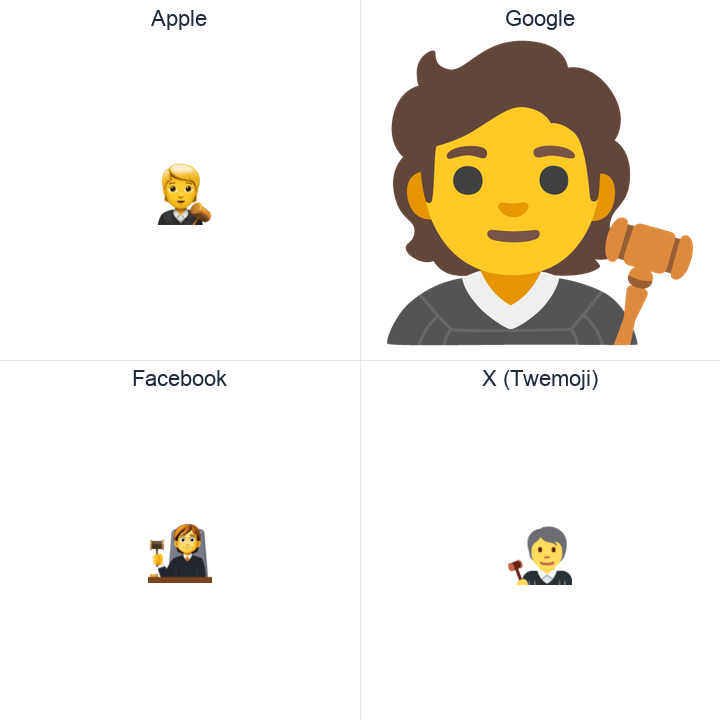 Judge emoji in a square grid: Apple and Google on the top row, Facebook and X Twemoji on the bottom, on white.