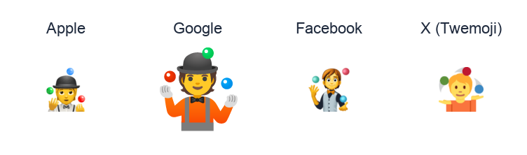 Juggling emoji artwork compared side by side for Apple, Google Noto, Facebook, and X Twemoji styles on white.