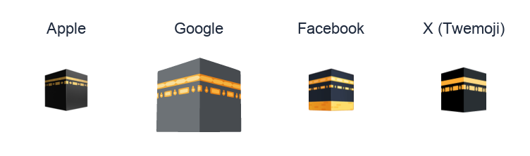 Kaaba emoji artwork compared side by side for Apple, Google Noto, Facebook, and X Twemoji styles on white.
