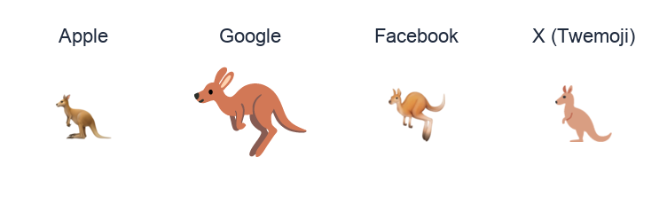 Kangaroo emoji artwork compared side by side for Apple, Google Noto, Facebook, and X Twemoji styles on white.