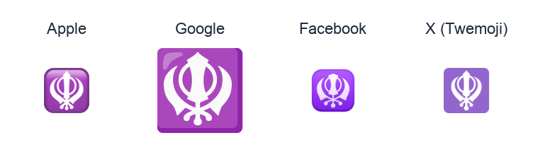 Khanda emoji artwork compared side by side for Apple, Google Noto, Facebook, and X Twemoji styles on white.