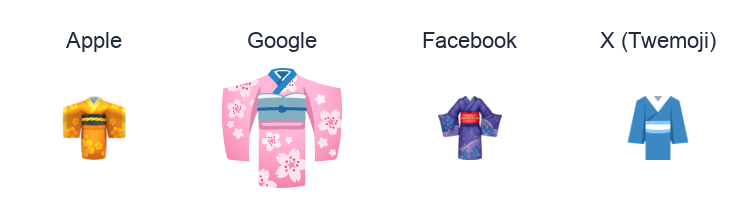 Kimono emoji artwork compared side by side for Apple, Google Noto, Facebook, and X Twemoji styles on white.