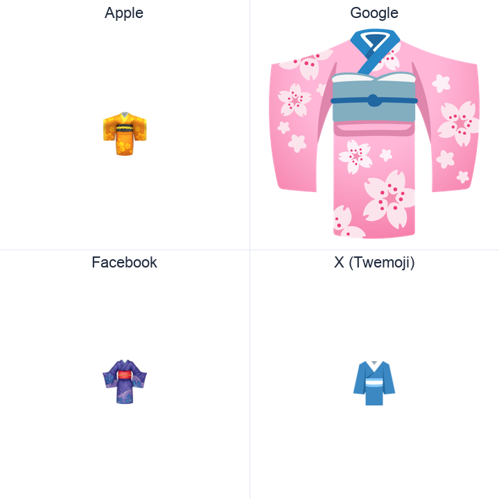 Kimono emoji in a square grid: Apple and Google on the top row, Facebook and X Twemoji on the bottom, on white.