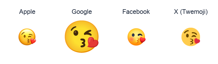 Face Throwing A Kiss emoji artwork compared side by side for Apple, Google Noto, Facebook, and X Twemoji styles on white.