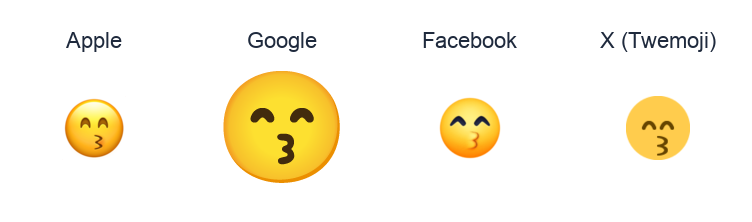 Kissing Face With Smiling Eyes emoji artwork compared side by side for Apple, Google Noto, Facebook, and X Twemoji styles on white.