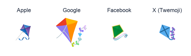 Kite emoji artwork compared side by side for Apple, Google Noto, Facebook, and X Twemoji styles on white.