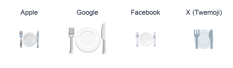 Fork And Knife With Plate emoji artwork compared side by side for Apple, Google Noto, Facebook, and X Twemoji styles on white.