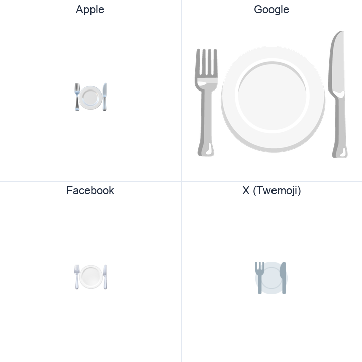 Fork And Knife With Plate emoji in a square grid: Apple and Google on the top row, Facebook and X Twemoji on the bottom, on white.