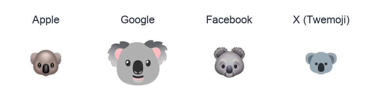Koala emoji artwork compared side by side for Apple, Google Noto, Facebook, and X Twemoji styles on white.