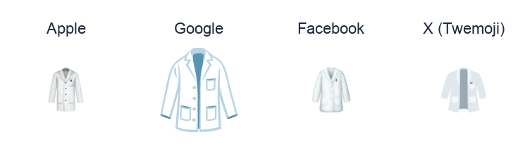 Lab Coat emoji artwork compared side by side for Apple, Google Noto, Facebook, and X Twemoji styles on white.
