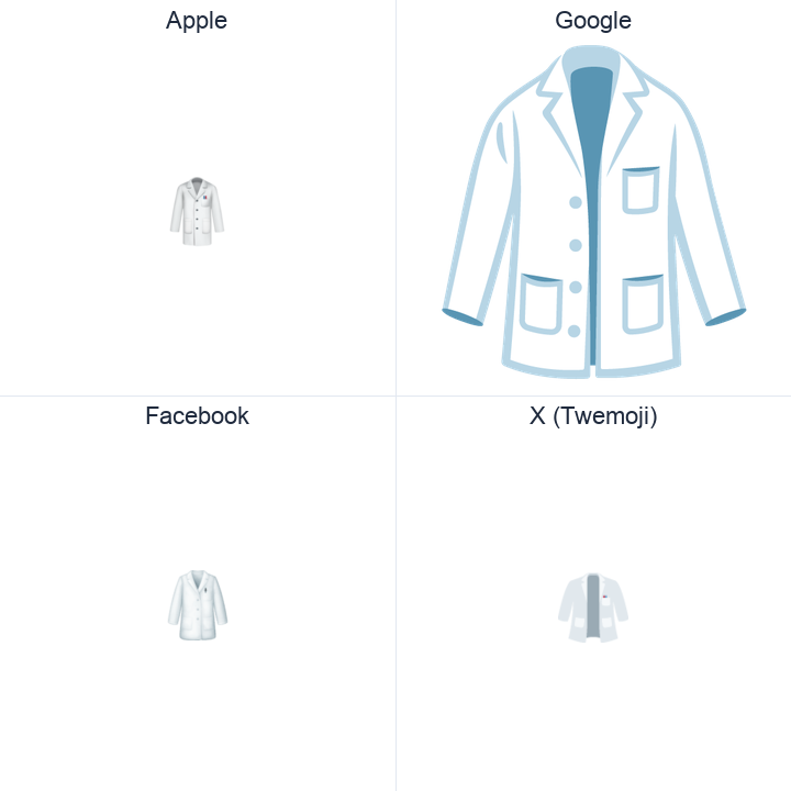 Lab Coat emoji in a square grid: Apple and Google on the top row, Facebook and X Twemoji on the bottom, on white.