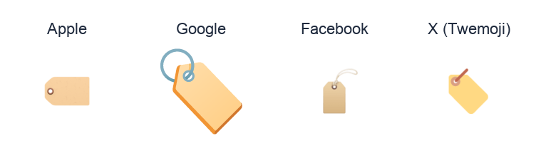 Label emoji artwork compared side by side for Apple, Google Noto, Facebook, and X Twemoji styles on white.