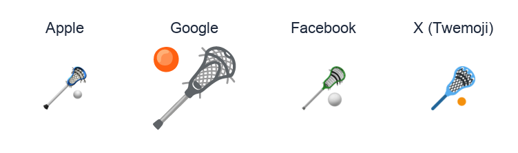 Lacrosse Stick And Ball emoji artwork compared side by side for Apple, Google Noto, Facebook, and X Twemoji styles on white.