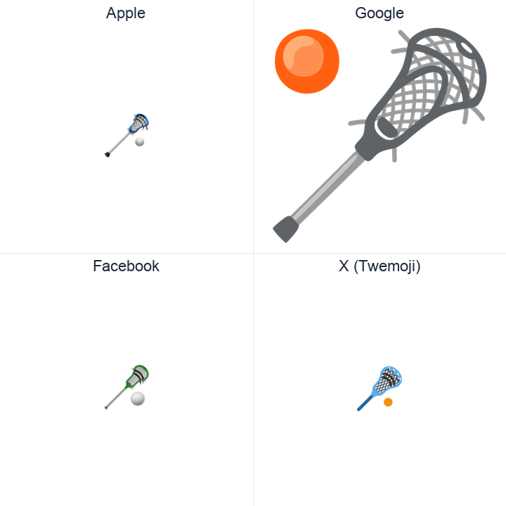 Lacrosse Stick And Ball emoji in a square grid: Apple and Google on the top row, Facebook and X Twemoji on the bottom, on white.