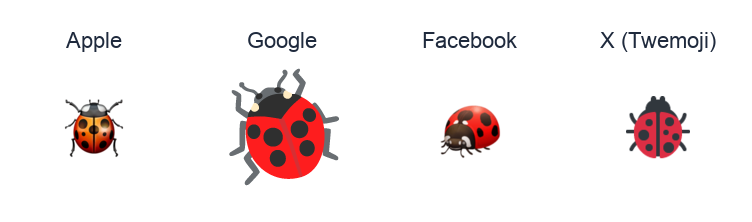 Lady Beetle emoji artwork compared side by side for Apple, Google Noto, Facebook, and X Twemoji styles on white.