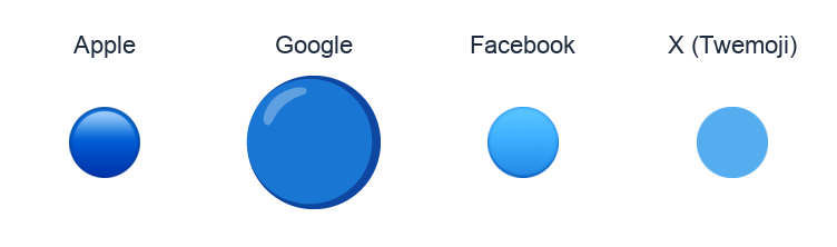 Large Blue Circle emoji artwork compared side by side for Apple, Google Noto, Facebook, and X Twemoji styles on white.