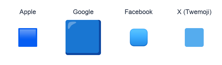 Large Blue Square emoji artwork compared side by side for Apple, Google Noto, Facebook, and X Twemoji styles on white.