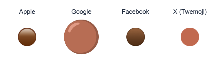 Large Brown Circle emoji artwork compared side by side for Apple, Google Noto, Facebook, and X Twemoji styles on white.