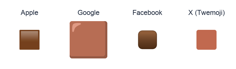 Large Brown Square emoji artwork compared side by side for Apple, Google Noto, Facebook, and X Twemoji styles on white.