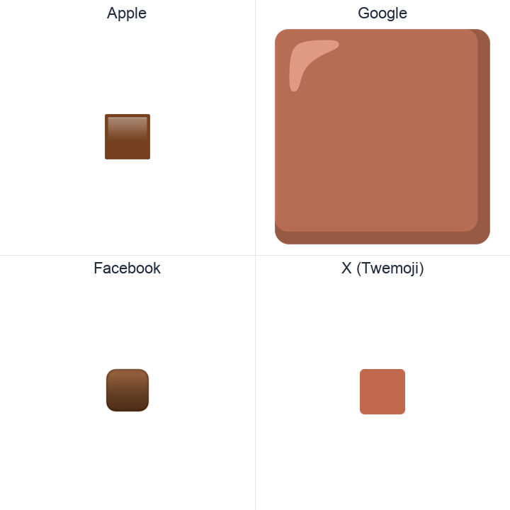 Large Brown Square emoji in a square grid: Apple and Google on the top row, Facebook and X Twemoji on the bottom, on white.