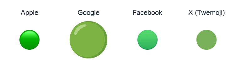 Large Green Circle emoji artwork compared side by side for Apple, Google Noto, Facebook, and X Twemoji styles on white.
