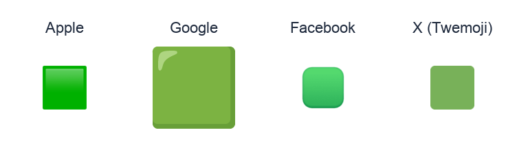 Large Green Square emoji artwork compared side by side for Apple, Google Noto, Facebook, and X Twemoji styles on white.