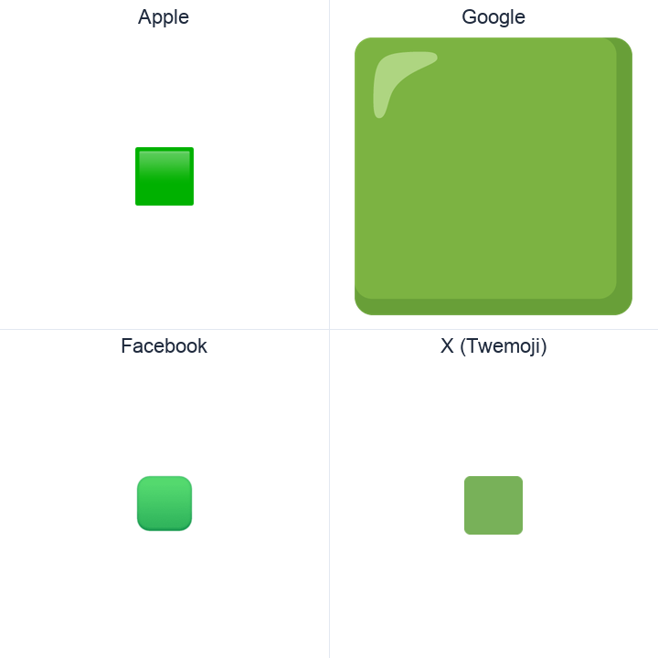 Large Green Square emoji in a square grid: Apple and Google on the top row, Facebook and X Twemoji on the bottom, on white.