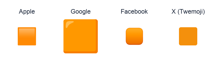 Large Orange Square emoji artwork compared side by side for Apple, Google Noto, Facebook, and X Twemoji styles on white.