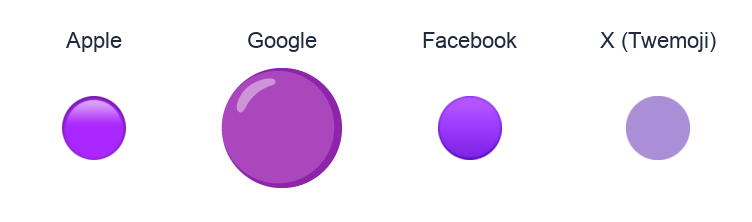 Large Purple Circle emoji artwork compared side by side for Apple, Google Noto, Facebook, and X Twemoji styles on white.