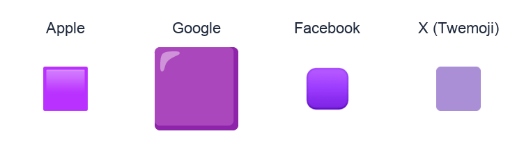 Large Purple Square emoji artwork compared side by side for Apple, Google Noto, Facebook, and X Twemoji styles on white.