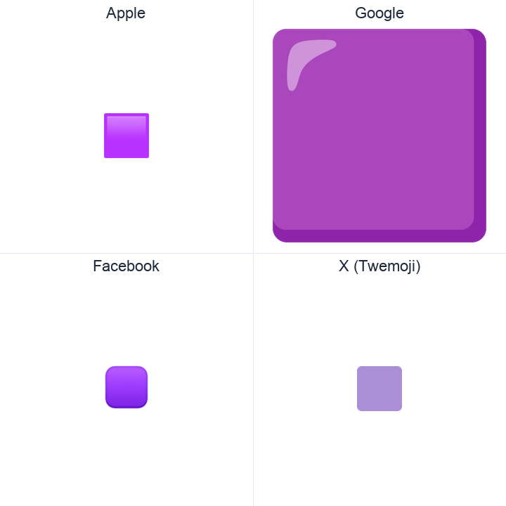 Large Purple Square emoji in a square grid: Apple and Google on the top row, Facebook and X Twemoji on the bottom, on white.