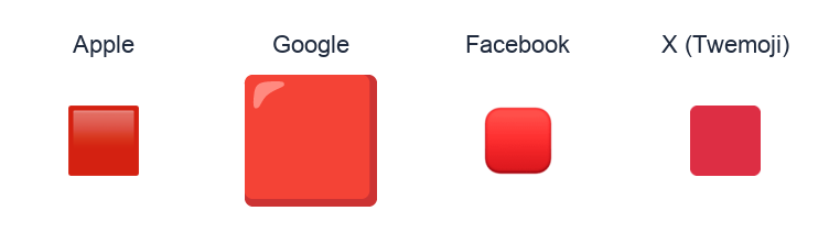 Large Red Square emoji artwork compared side by side for Apple, Google Noto, Facebook, and X Twemoji styles on white.