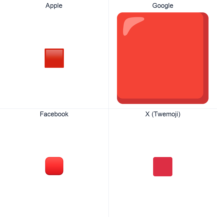 Large Red Square emoji in a square grid: Apple and Google on the top row, Facebook and X Twemoji on the bottom, on white.