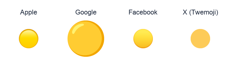 Large Yellow Circle emoji artwork compared side by side for Apple, Google Noto, Facebook, and X Twemoji styles on white.