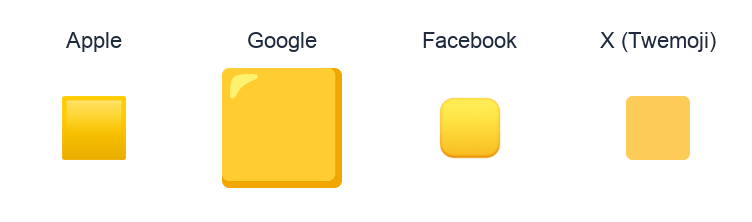 Large Yellow Square emoji artwork compared side by side for Apple, Google Noto, Facebook, and X Twemoji styles on white.