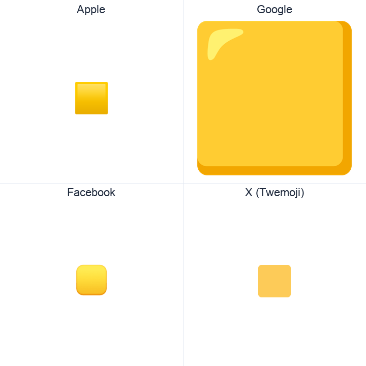 Large Yellow Square emoji in a square grid: Apple and Google on the top row, Facebook and X Twemoji on the bottom, on white.