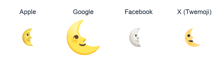 Last Quarter Moon With Face emoji artwork compared side by side for Apple, Google Noto, Facebook, and X Twemoji styles on white.