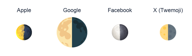 Last Quarter Moon Symbol emoji artwork compared side by side for Apple, Google Noto, Facebook, and X Twemoji styles on white.