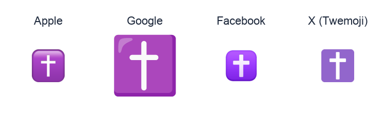 Latin Cross emoji artwork compared side by side for Apple, Google Noto, Facebook, and X Twemoji styles on white.