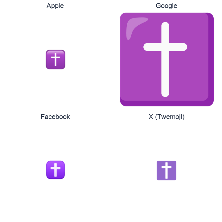 Latin Cross emoji in a square grid: Apple and Google on the top row, Facebook and X Twemoji on the bottom, on white.