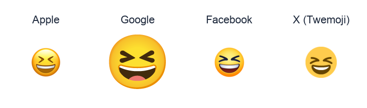 Smiling Face With Open Mouth And Tightly-Closed Eyes emoji artwork compared side by side for Apple, Google Noto, Facebook, and X Twemoji styles on white.