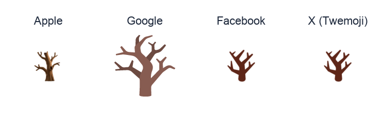 Leafless Tree emoji artwork compared side by side for Apple, Google Noto, Facebook, and X Twemoji styles on white.
