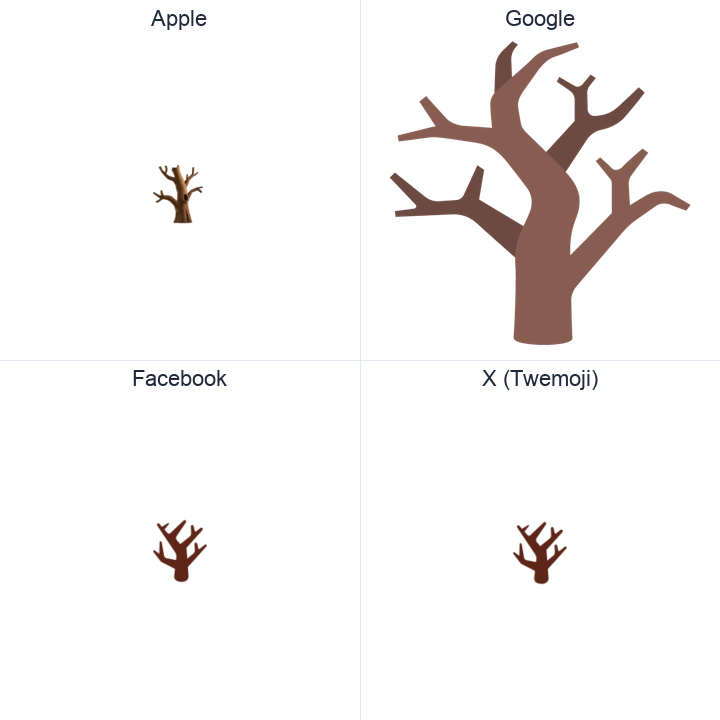 Leafless Tree emoji in a square grid: Apple and Google on the top row, Facebook and X Twemoji on the bottom, on white.