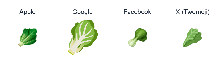 Leafy Green emoji artwork compared side by side for Apple, Google Noto, Facebook, and X Twemoji styles on white.