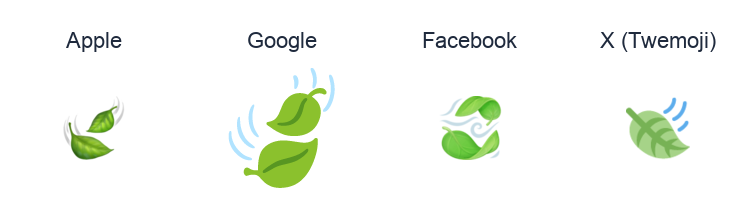 Leaf Fluttering In Wind emoji artwork compared side by side for Apple, Google Noto, Facebook, and X Twemoji styles on white.