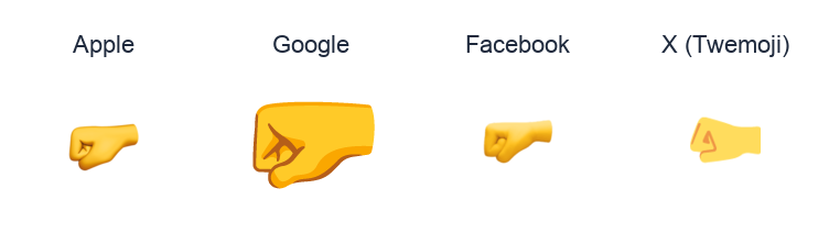 Left-Facing Fist emoji artwork compared side by side for Apple, Google Noto, Facebook, and X Twemoji styles on white.