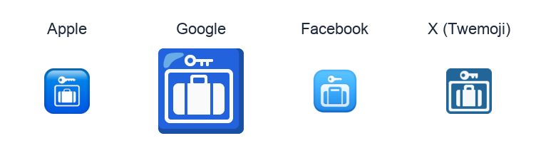 Left Luggage emoji artwork compared side by side for Apple, Google Noto, Facebook, and X Twemoji styles on white.