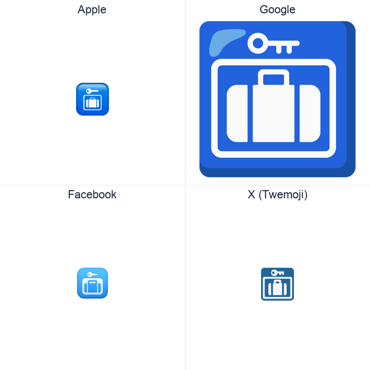 Left Luggage emoji in a square grid: Apple and Google on the top row, Facebook and X Twemoji on the bottom, on white.