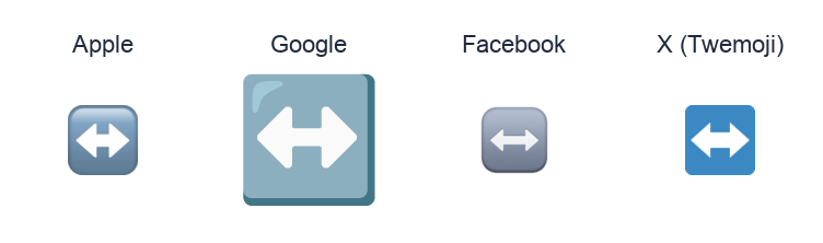 Left Right Arrow emoji artwork compared side by side for Apple, Google Noto, Facebook, and X Twemoji styles on white.