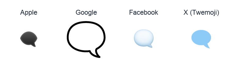 Left Speech Bubble emoji artwork compared side by side for Apple, Google Noto, Facebook, and X Twemoji styles on white.
